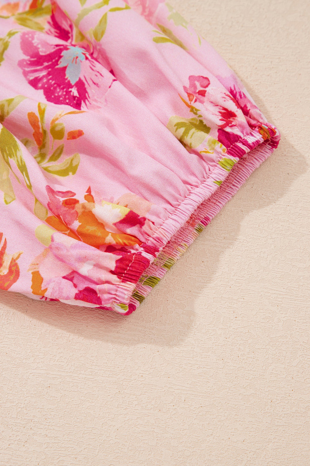 Floral Tie Neck 3/4 Puff Sleeve Blouse
