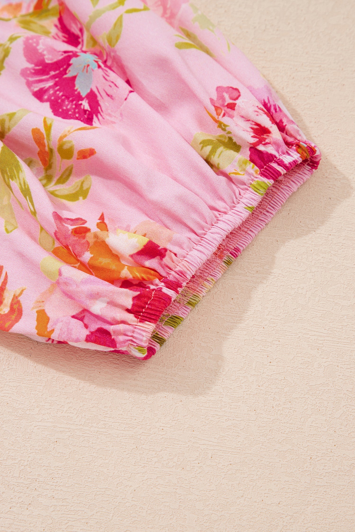 Floral Tie Neck 3/4 Puff Sleeve Blouse