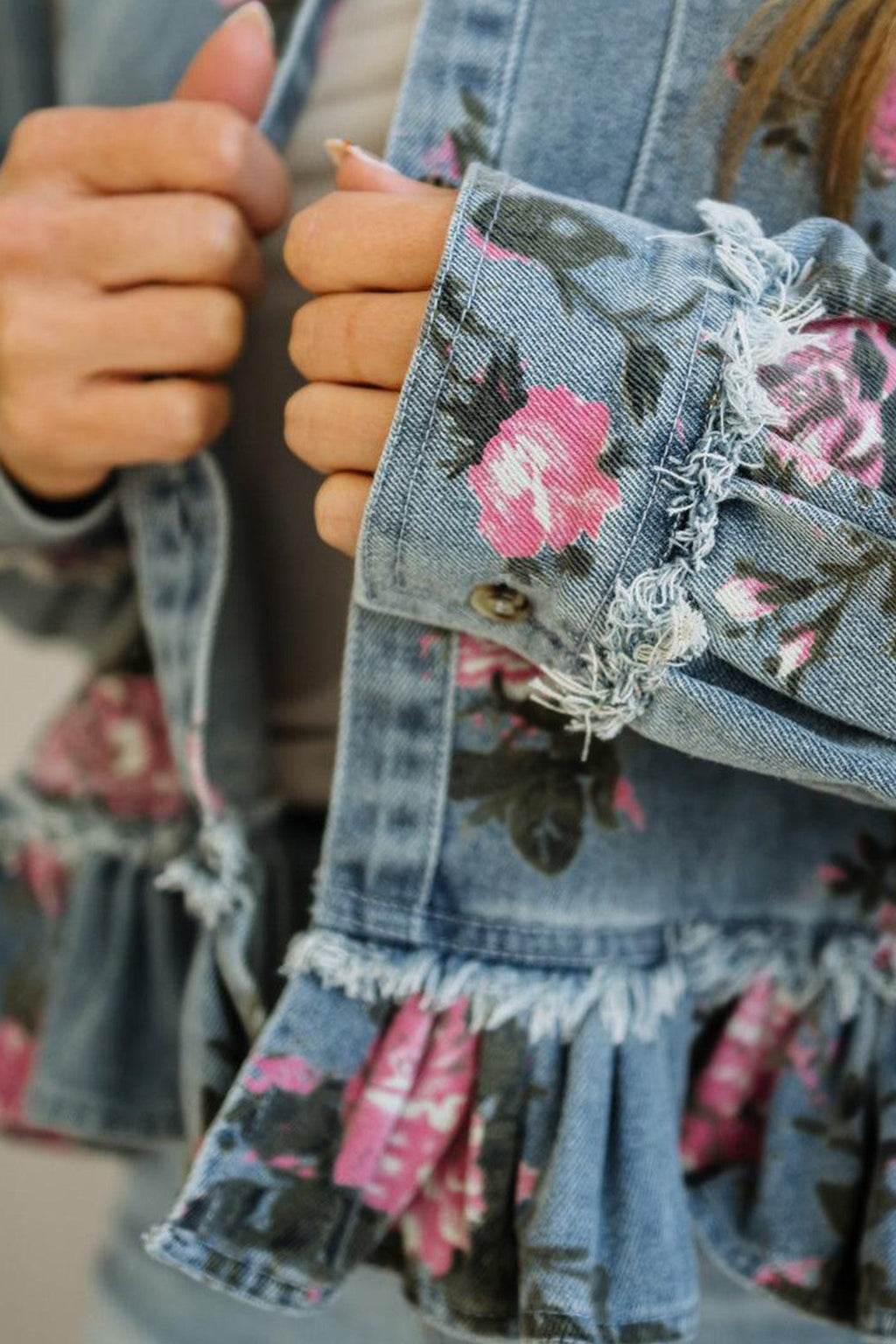 Floral Denim Raw Seam Ruffle Hem Jacket