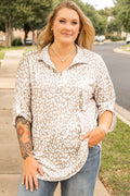 Plus Size Leopard Tab Sleeve V-Neck Top
