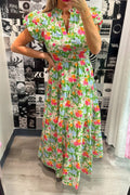 Floral V-Neck Short Puff Sleeve Maxi Dress
