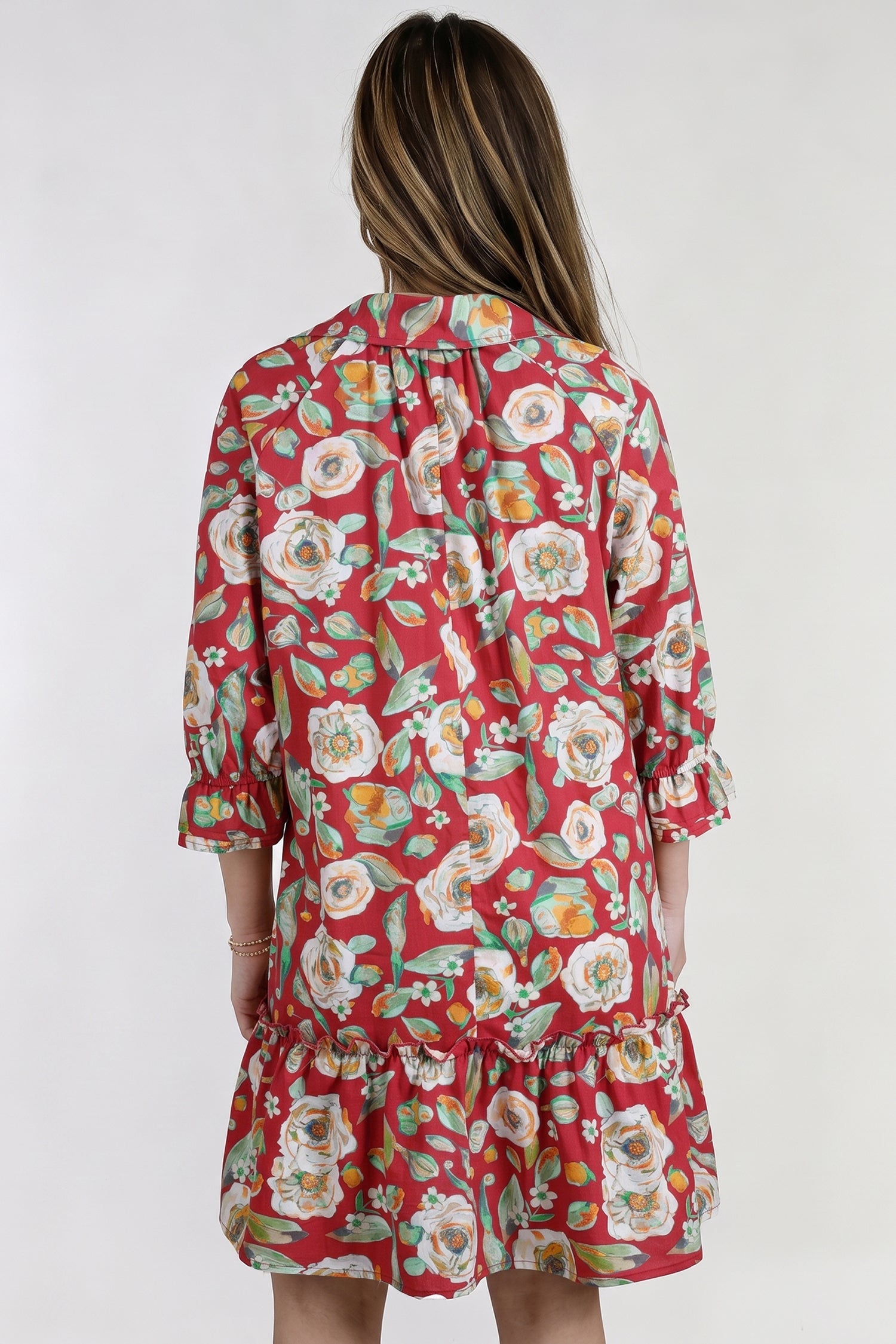 Floral Ruffle 3/4 Sleeve V-Neck Mini Dress