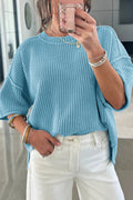 Solid Exposed Seam 3/4 Sleeve Loose Sweater