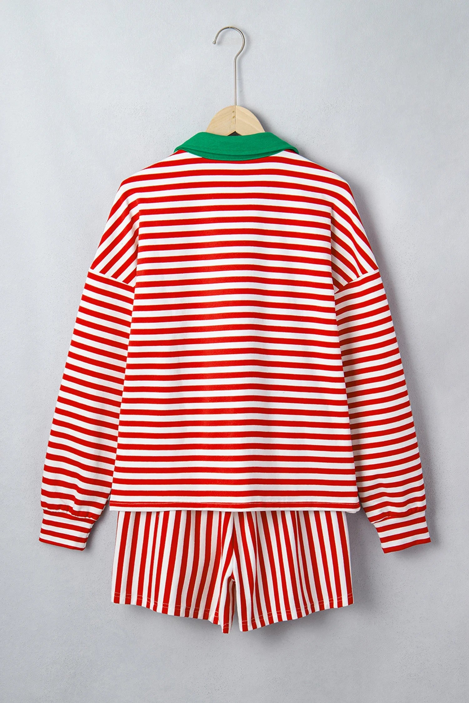 Stripe Colorblock Long Sleeve Collar Top & Shorts Set