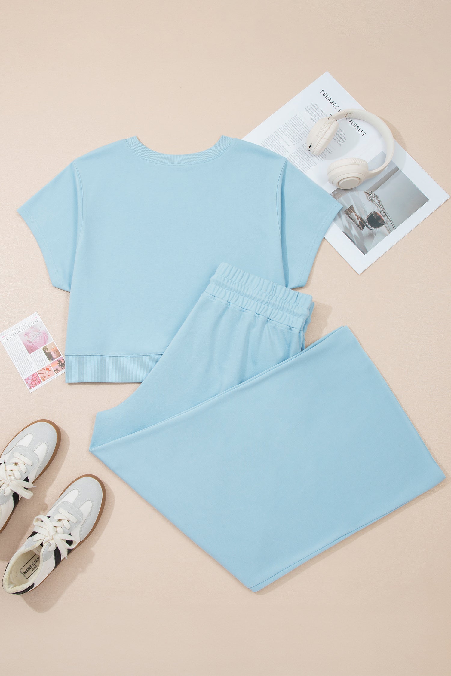 Plus Size Solid Top & Drawstring Pants Set