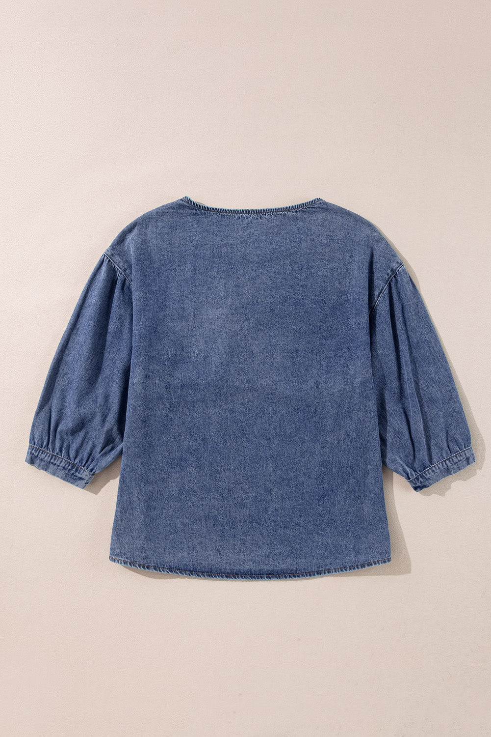 Denim 3/4 Sleeve Ruffle Patch Pocket Blouse
