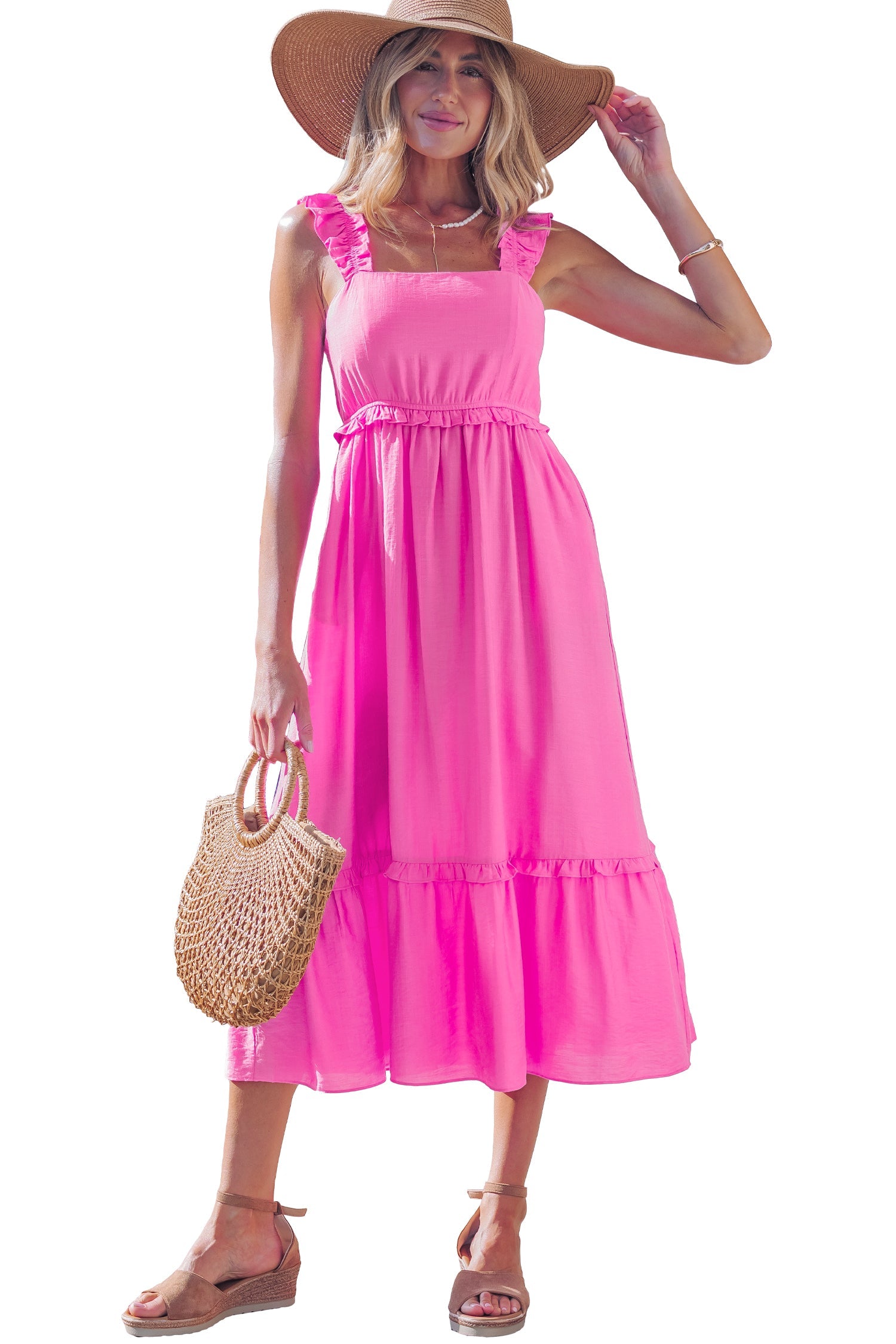 Solid Ruffle High Waist Sleeveless Maxi Dress