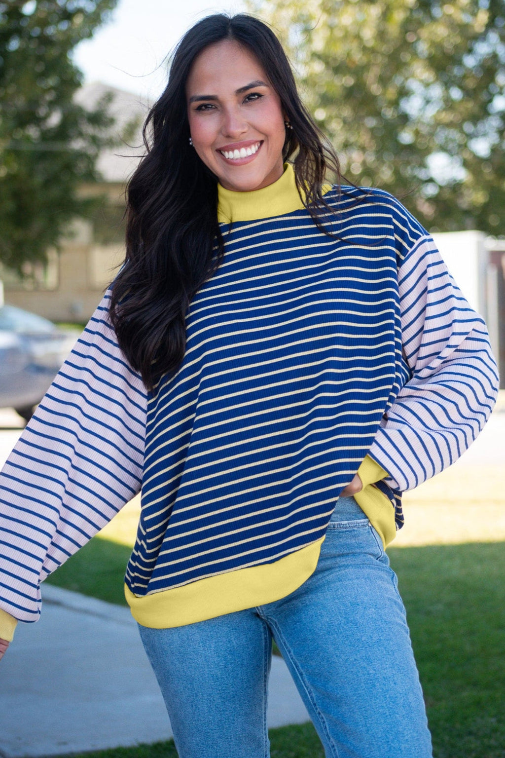Stripe Colorblock Long Sleeve Crewneck Pullover Top