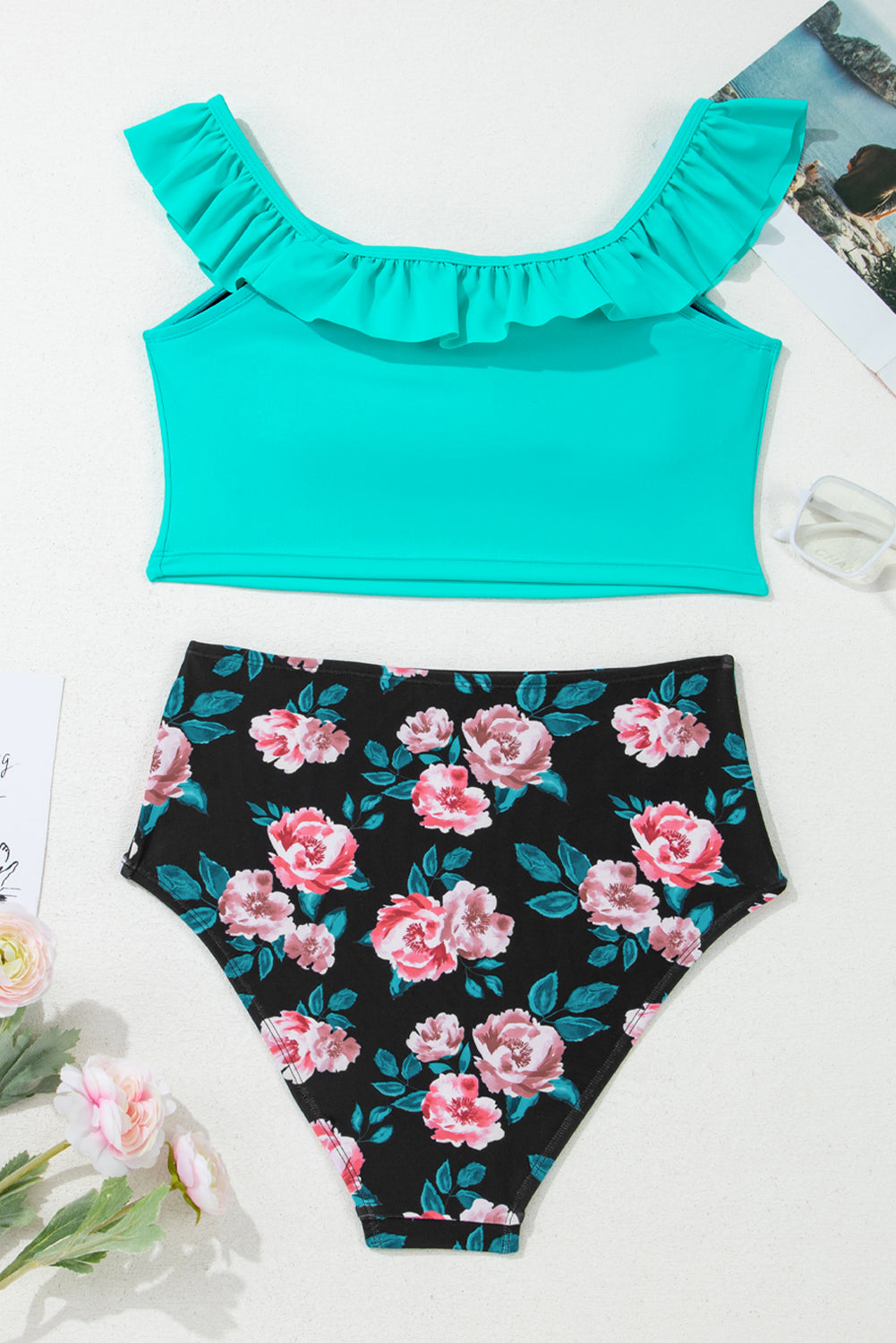 Solid Ruffle Top & Floral Bikini Set