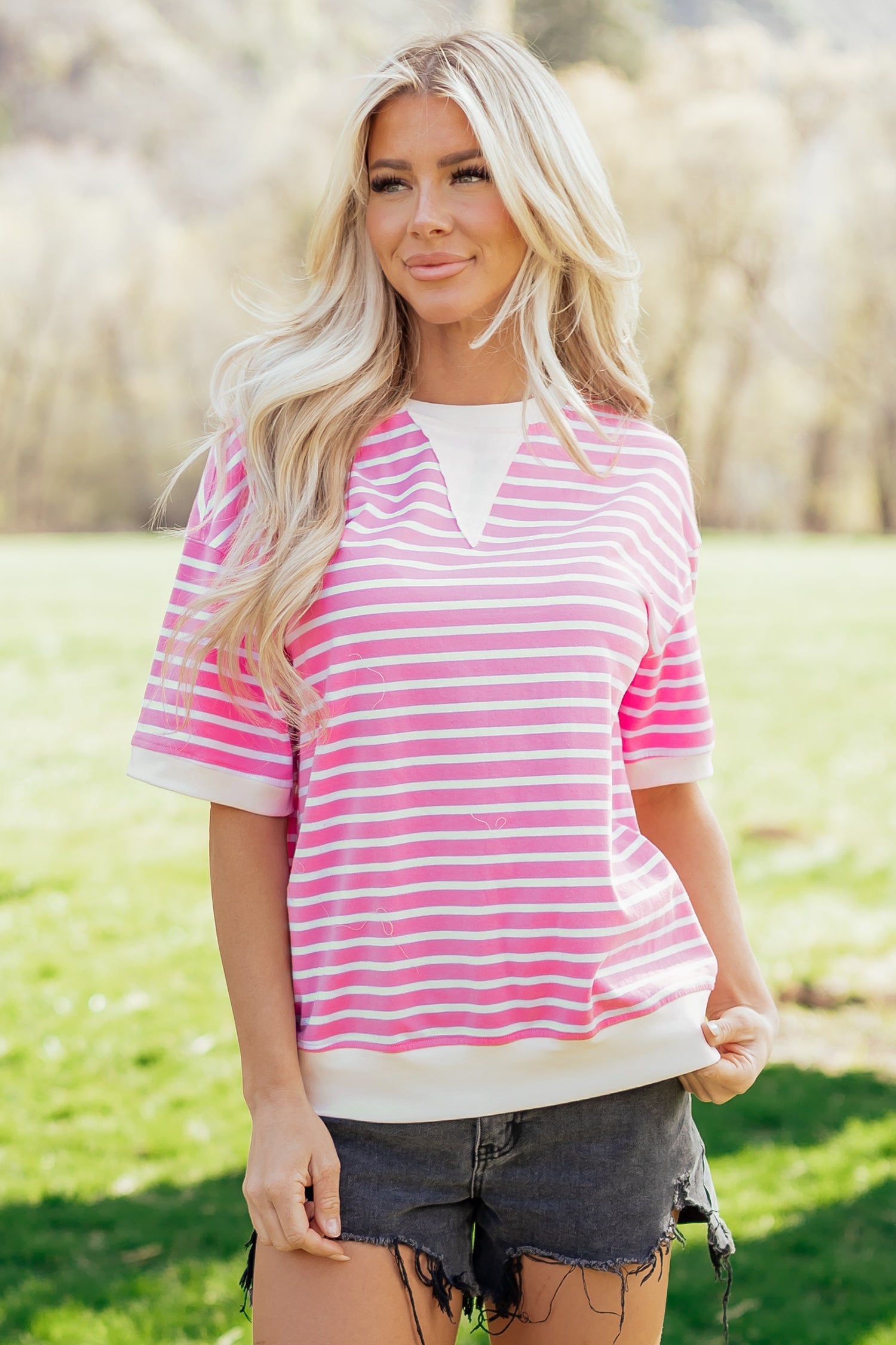 Stripe Colorblock Drop Shoulder Short Sleeve Top