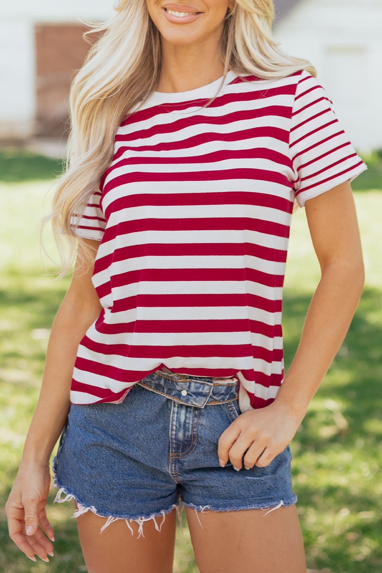 Stripe Patchwork Round Neck Short Sleeve T-Shirt