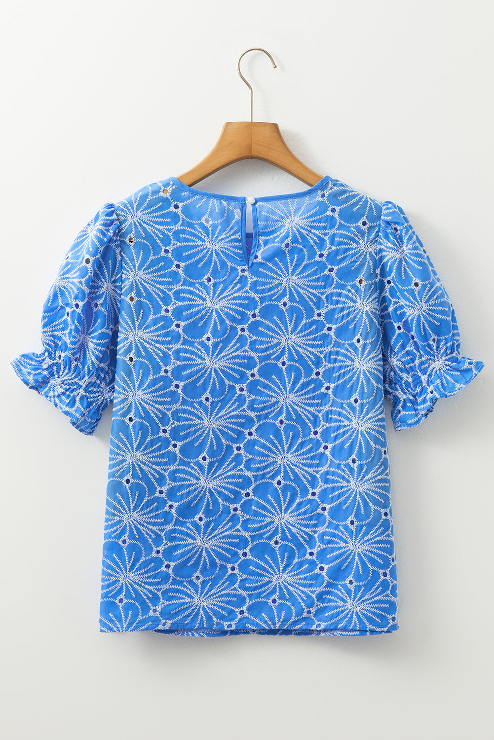 Flower Embroidered Eyelet Frilled Puff Sleeve Blouse