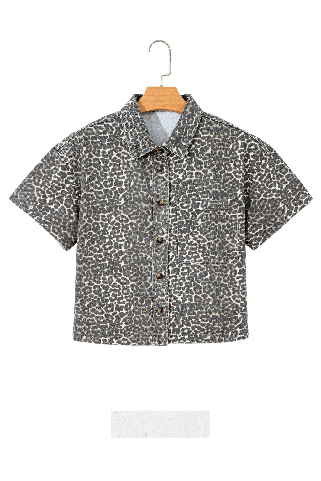 Leopard Denim Short Sleeve Button Up Cropped Shirt
