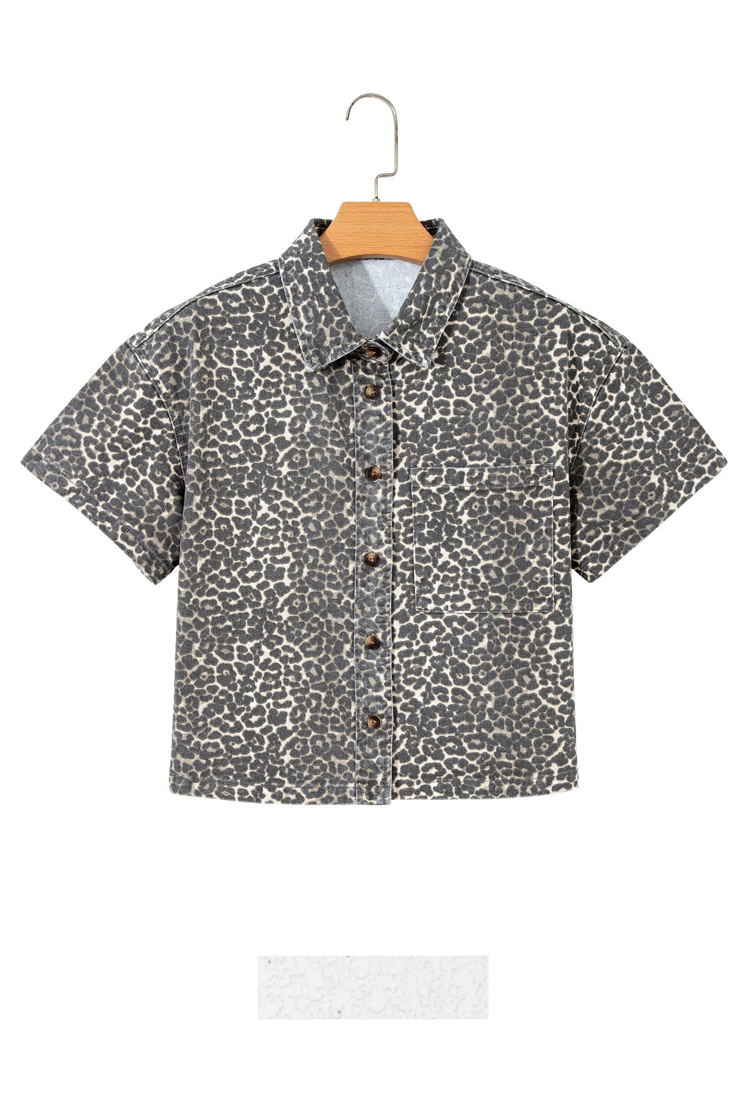 Leopard Denim Short Sleeve Button Up Cropped Shirt