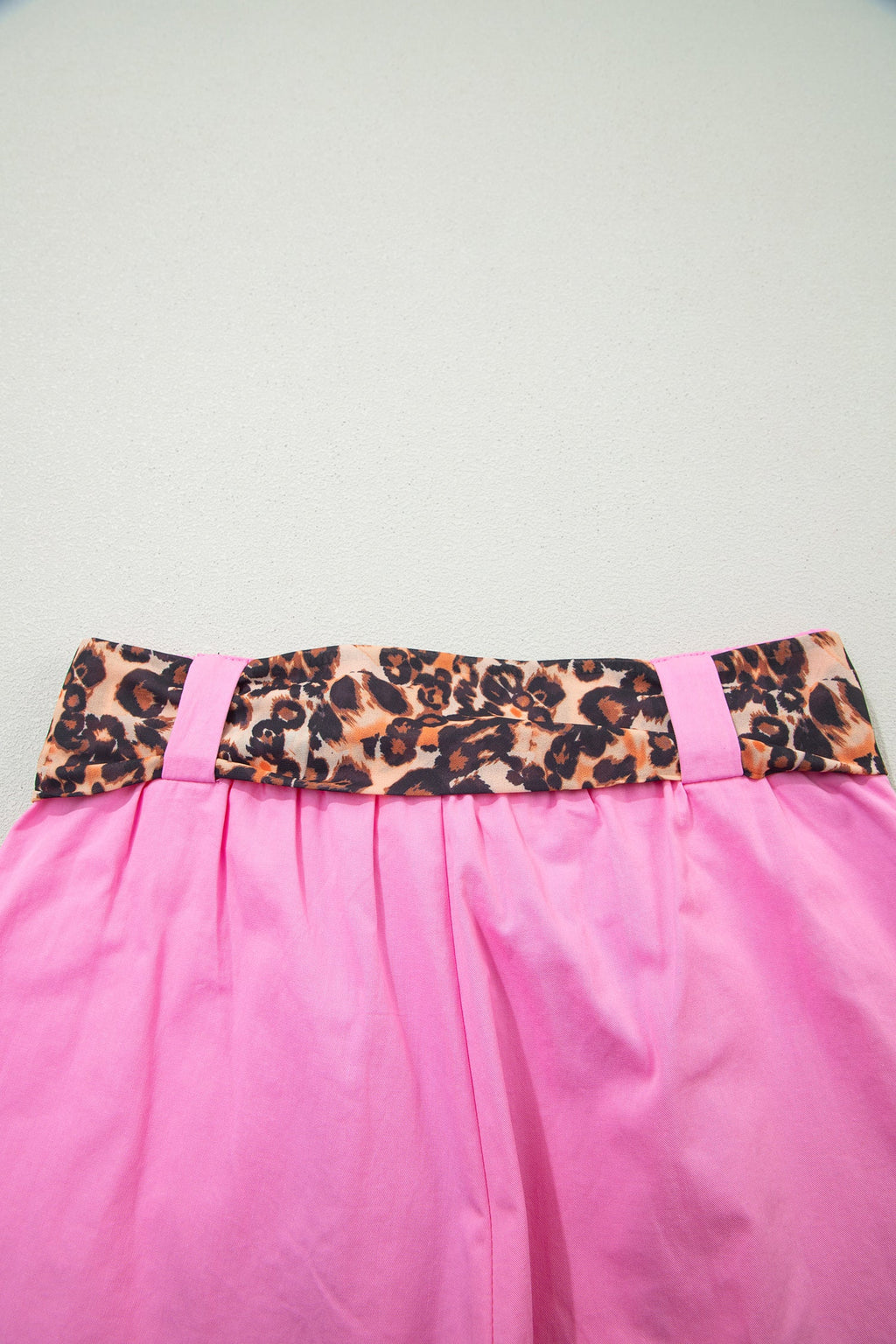 Leopard Contrast Belt Pleated Wide Leg Shorts