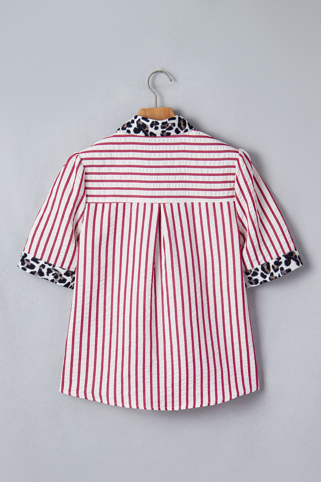 Stripe Leopard Contrast Trim Collared Blouse