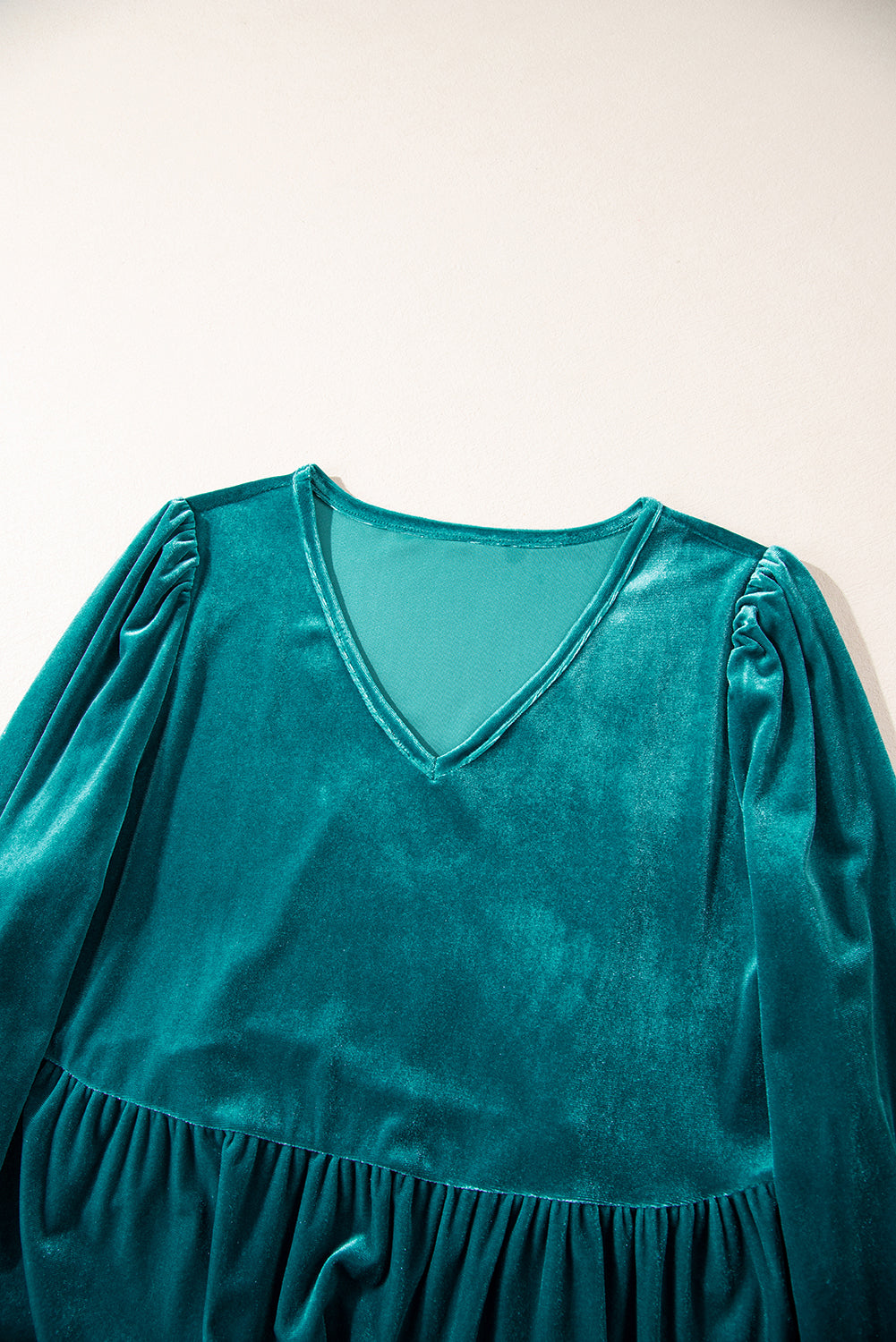 Velvet V-Neck Puff Sleeve Peplum Blouse