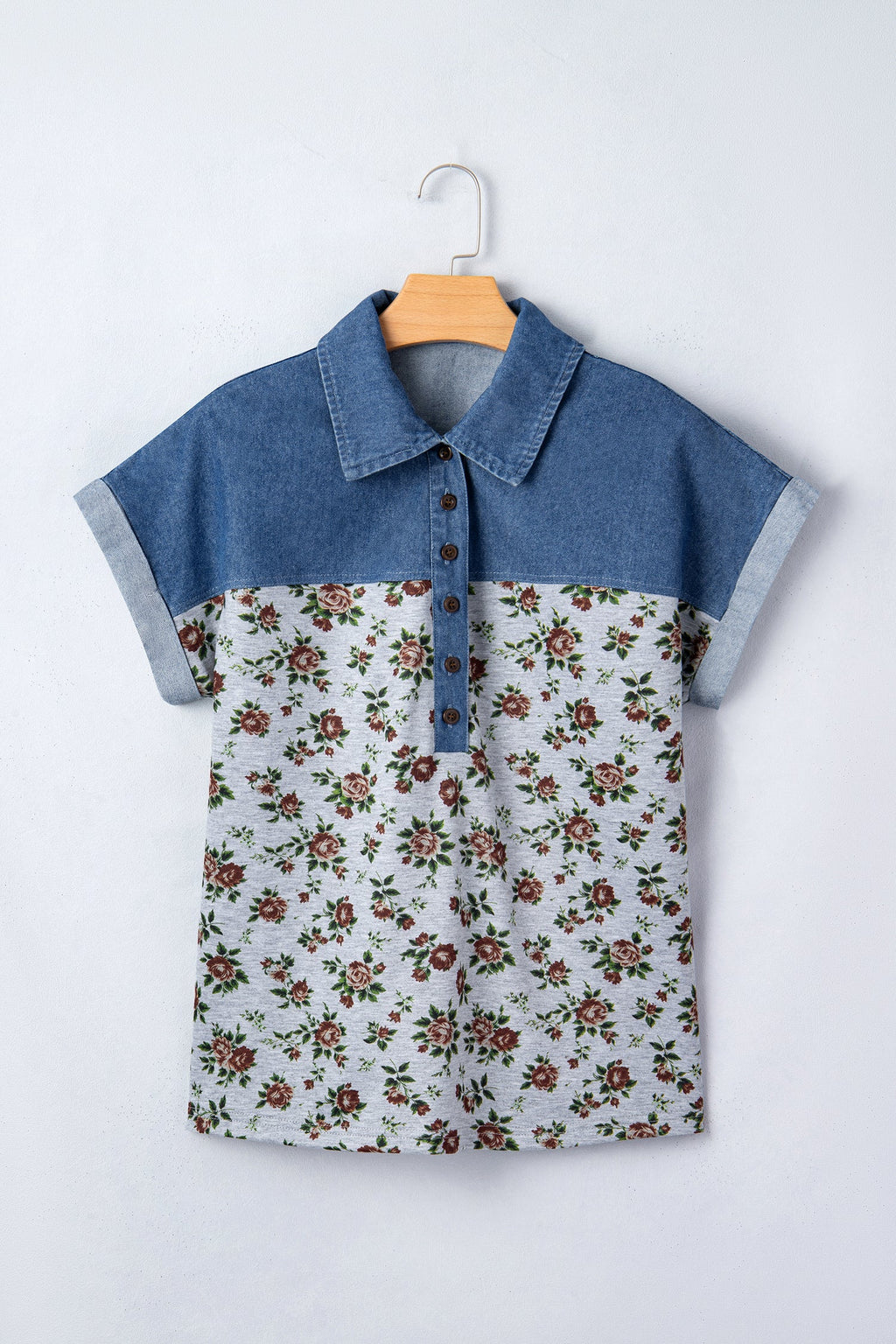 Floral Retro Denim Patchwork Buttoned Collar Top