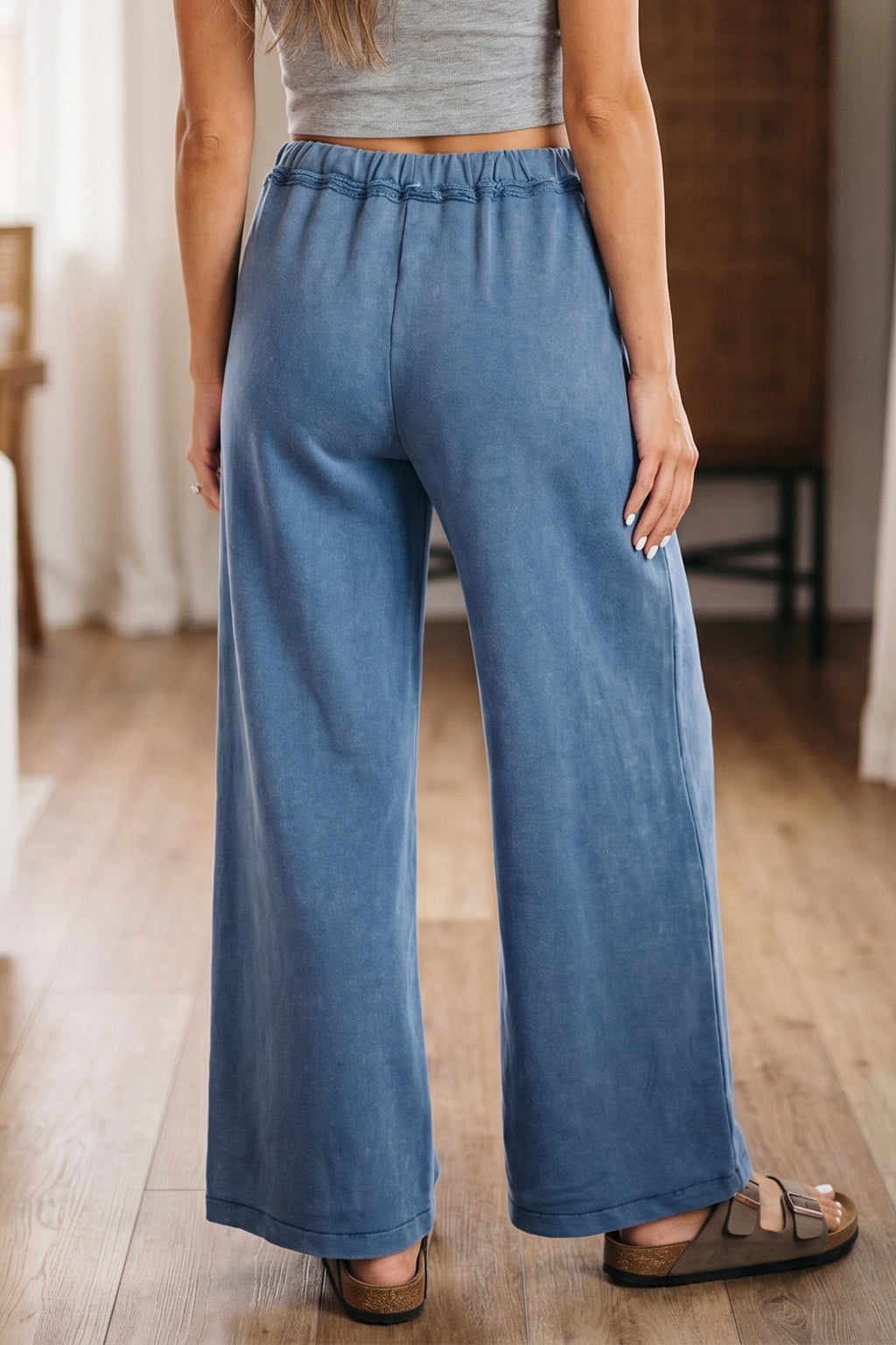 Solid Mineral Wash Drawstring Wide Leg Pants