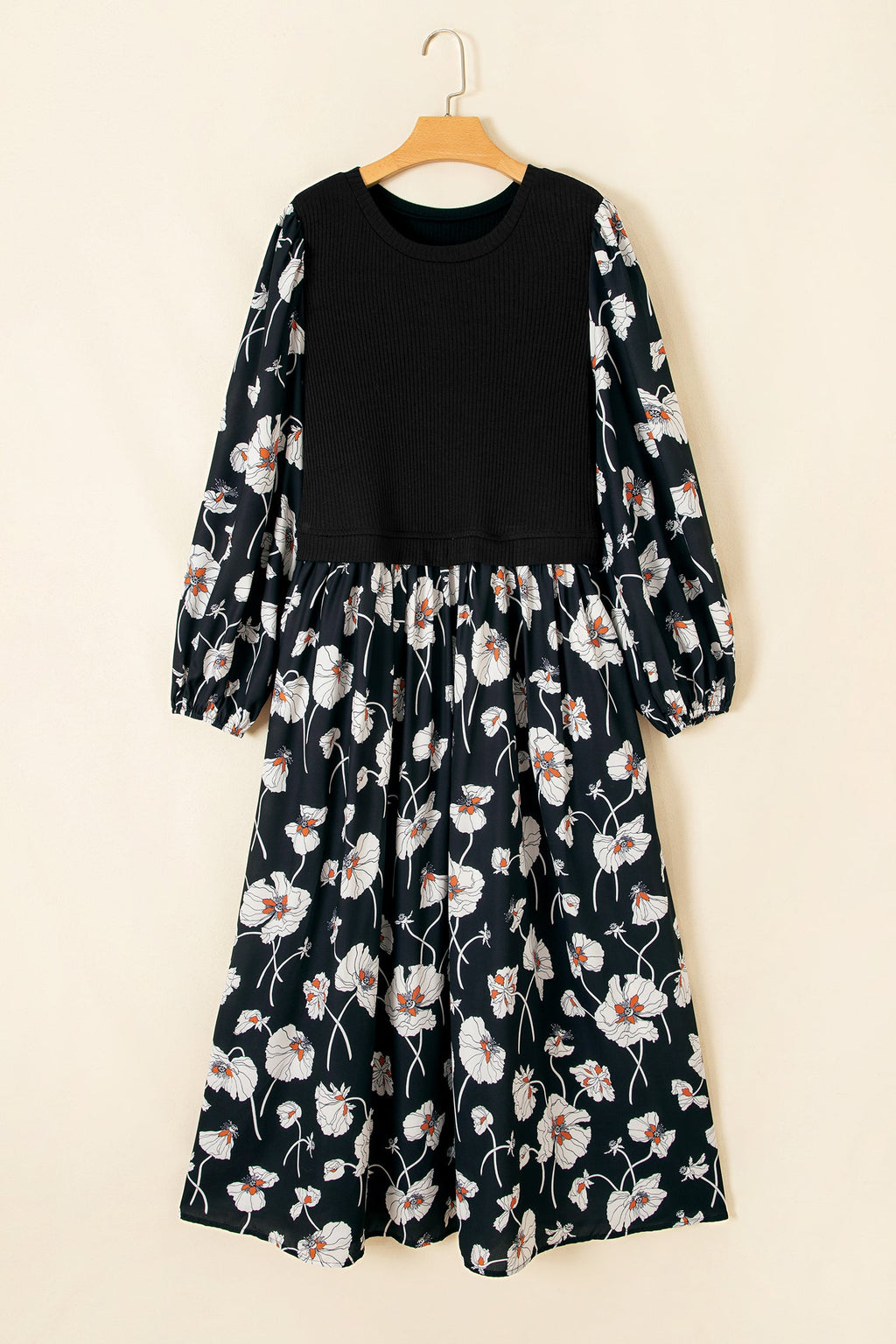 Plus Size Floral Ribbed Patchwork Long Sleeve Midi Dress