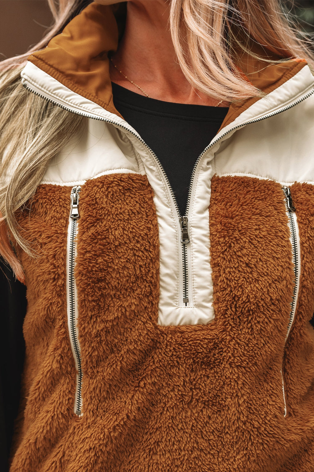 Colorblock Plush Patchwork Half-Zip Vest
