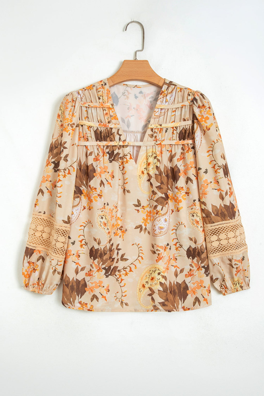 Paisley Lace Patchwork Long Sleeve V-Neck Blouse
