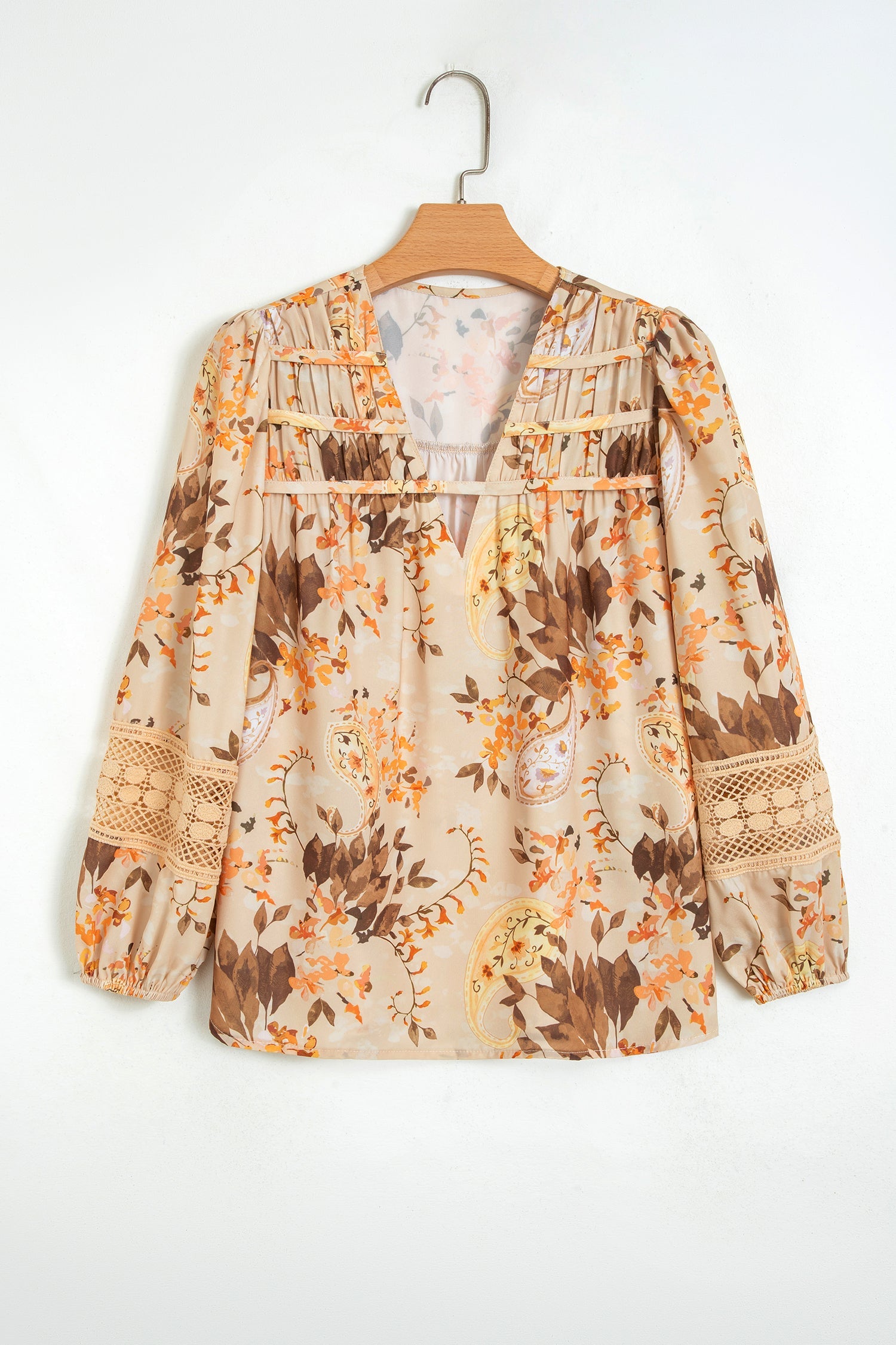 Paisley Lace Patchwork Long Sleeve V-Neck Blouse