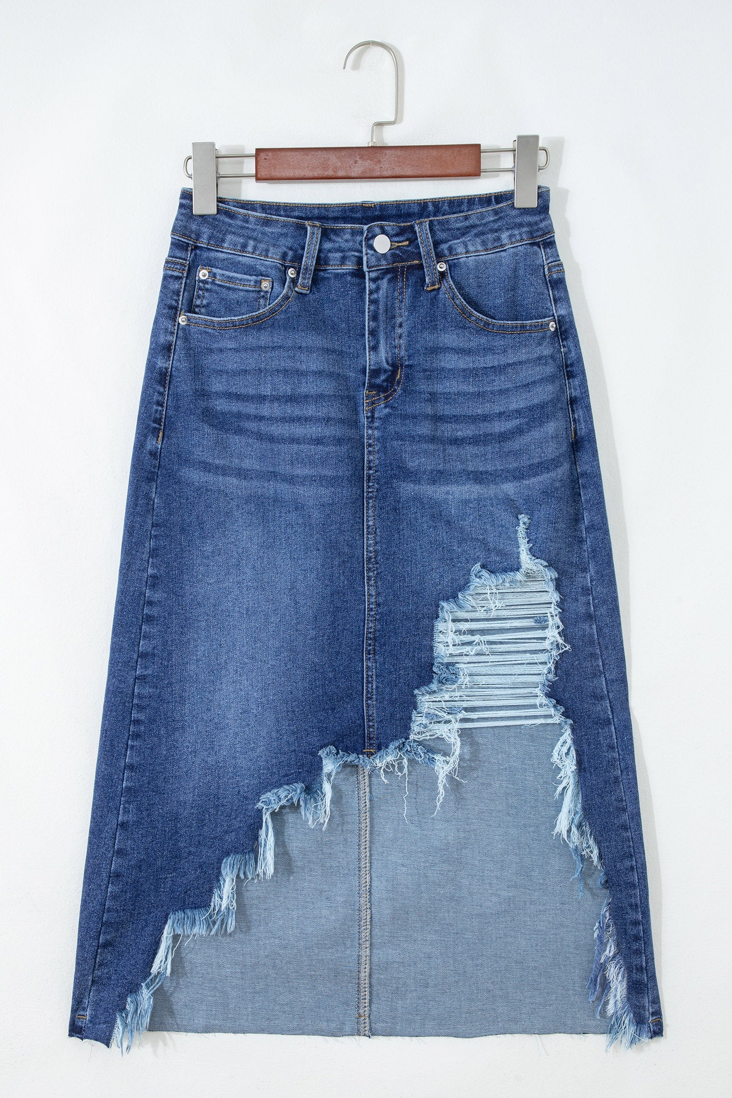 Denim Asymmetrical Distressed Midi Skirt