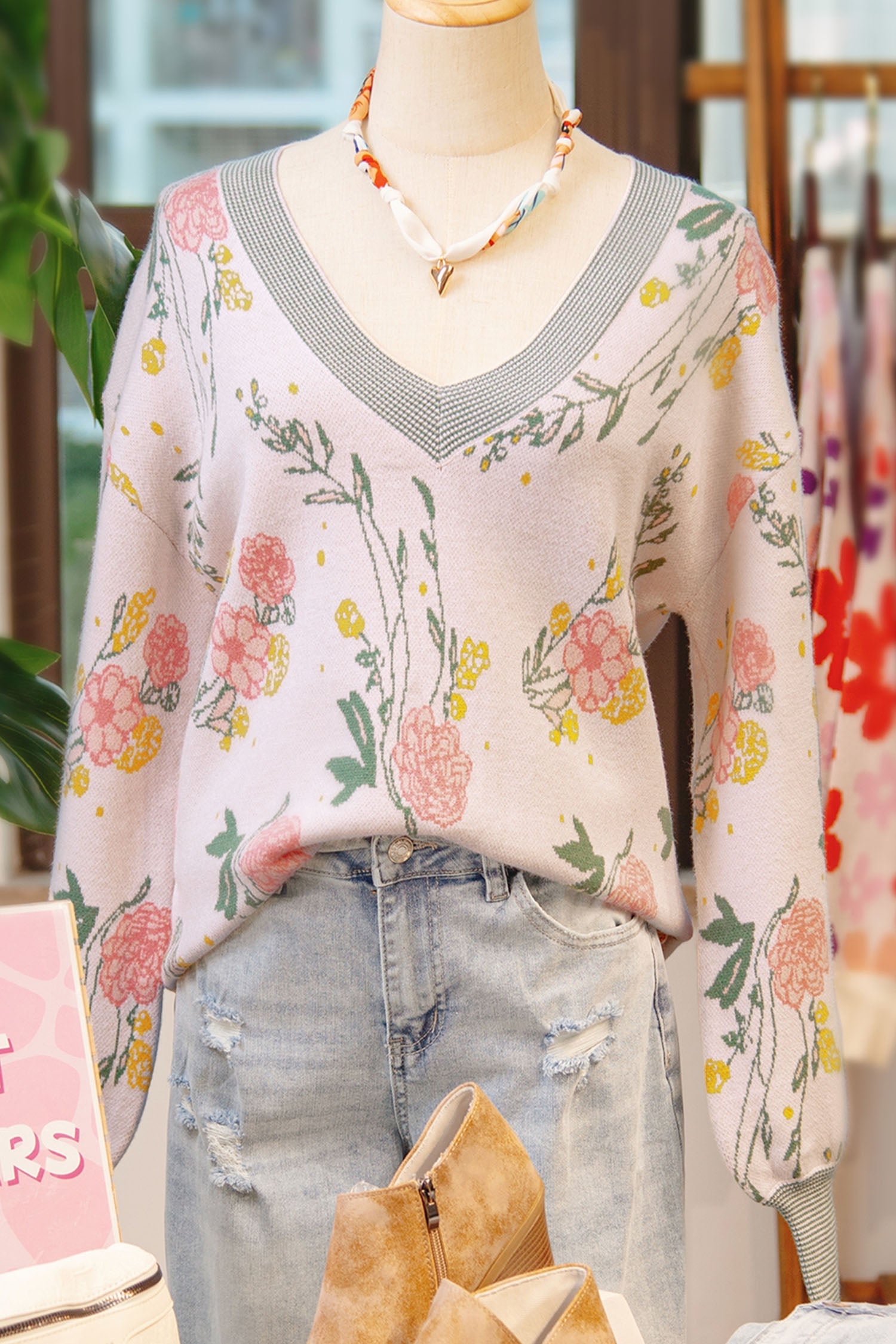 Floral Stripe Contrast V-Neck Sweater
