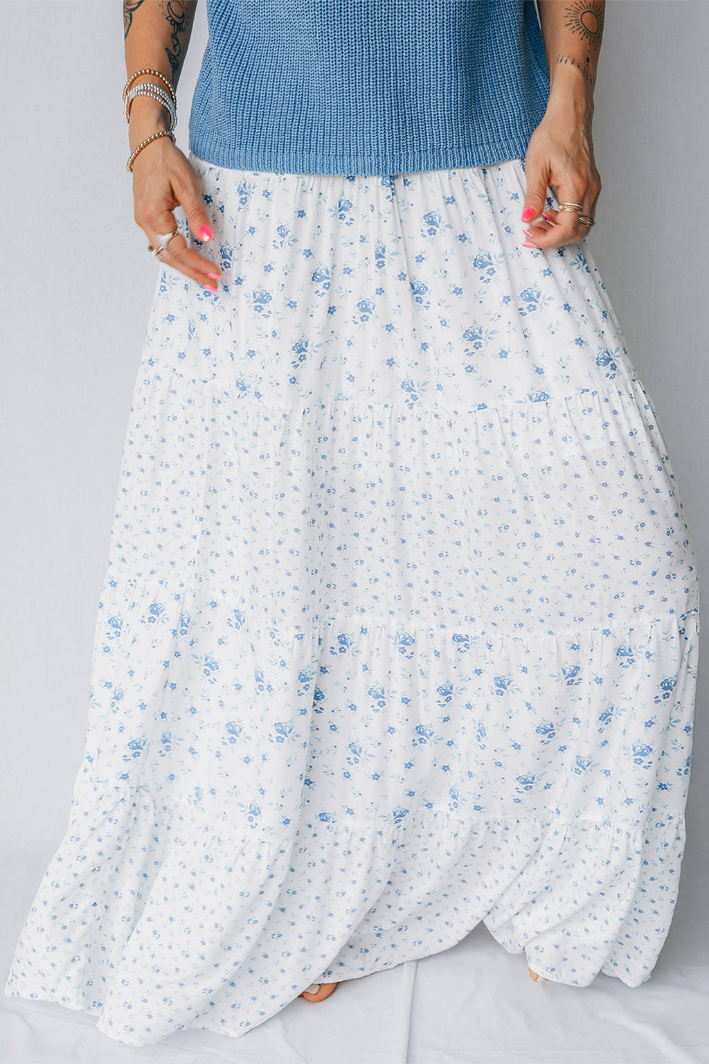 Floral Patchwork High Waist Tiered Maxi Skirt