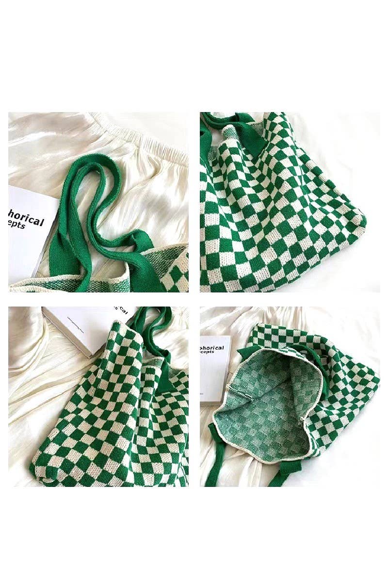 ",..Checkered Crochet Knitted Canvas Bag: BLACK-171216 / OS