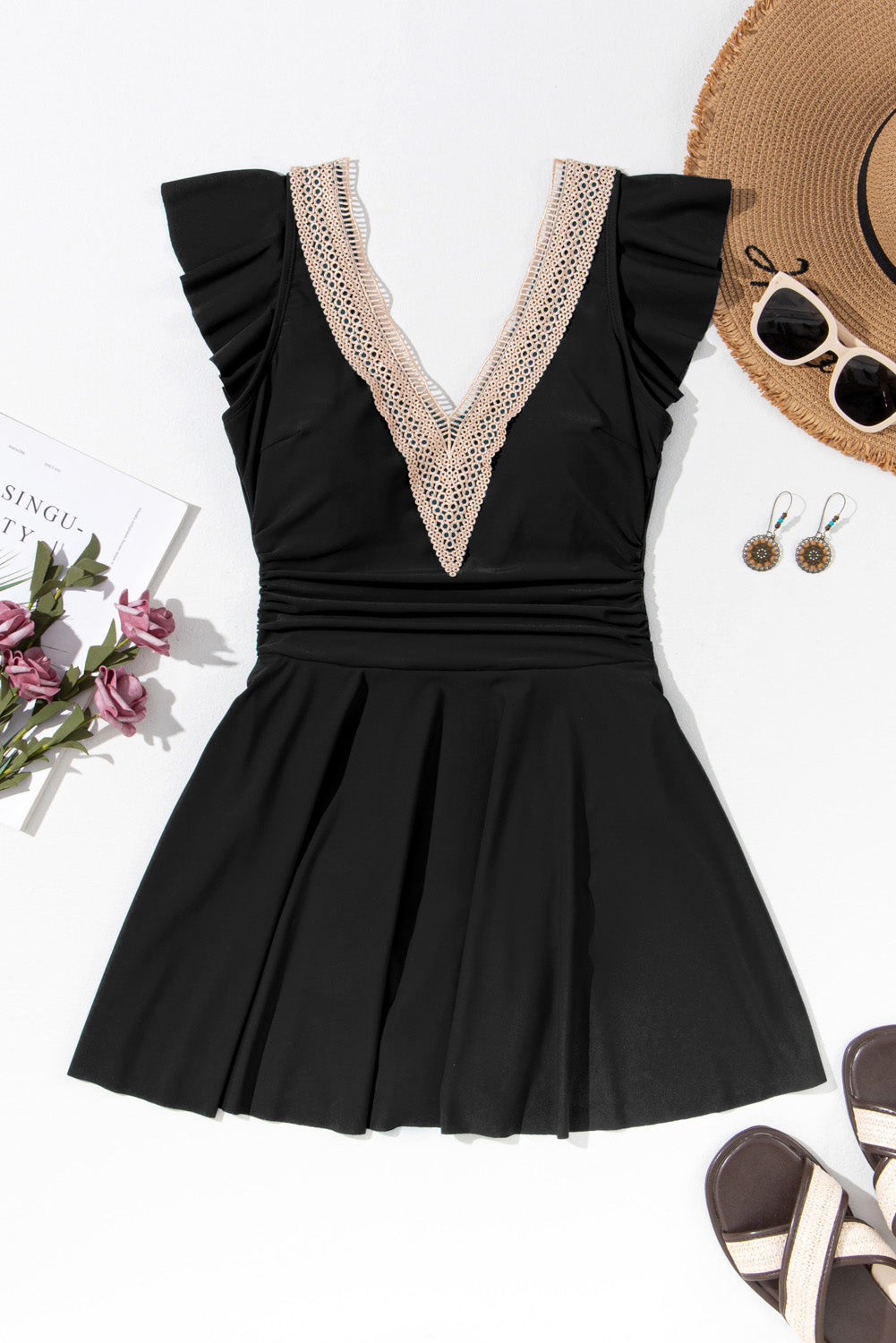 Ruffle Lace Trim V-Neck Short Sleeve Swim Dress