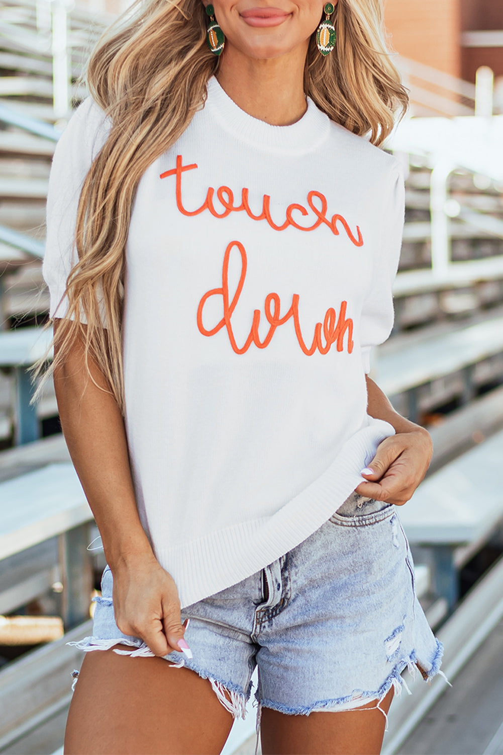 Touchdown Tinsel Puff Sleeve Crewneck Sweater