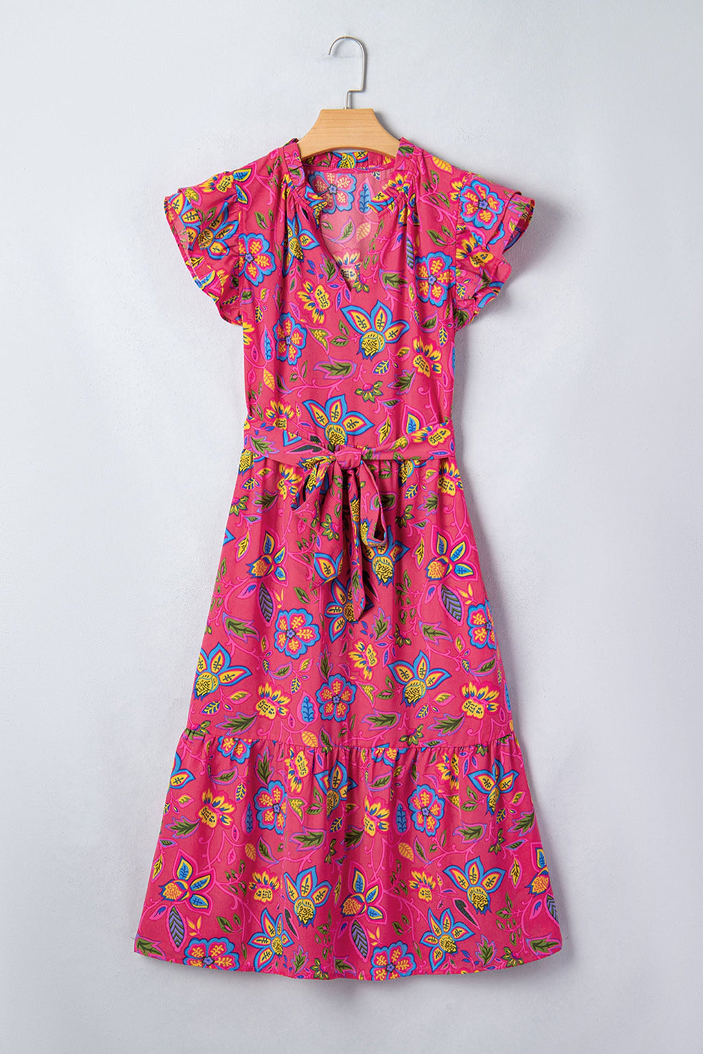 Floral Flutter Sleeve V-Neck Belted Midi Dress