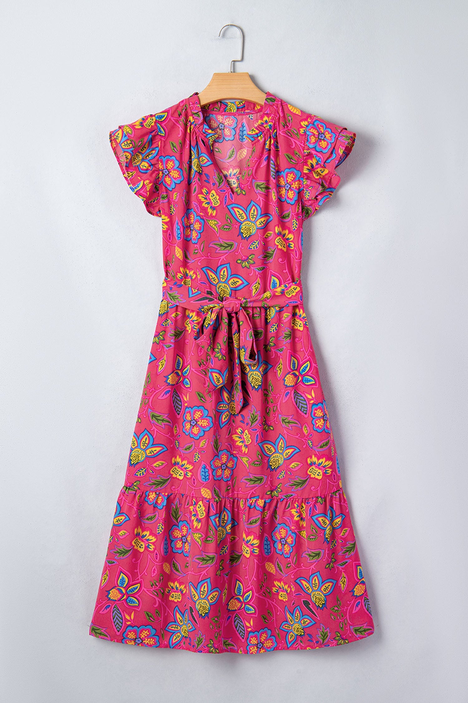 Floral Flutter Sleeve V-Neck Belted Midi Dress