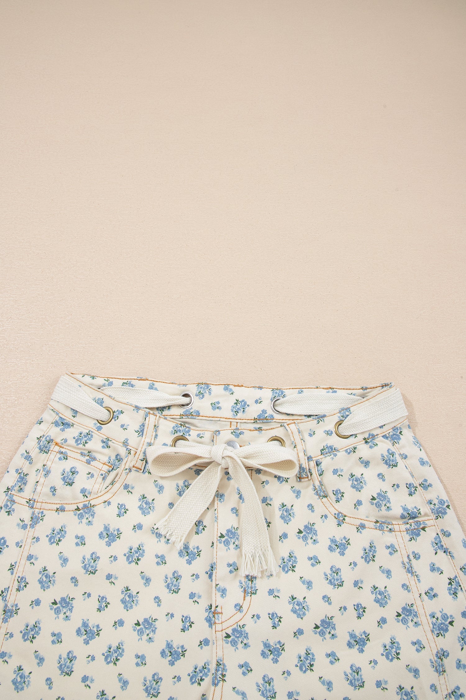 Floral Grommet Knot Waist Barrel Leg Jeans