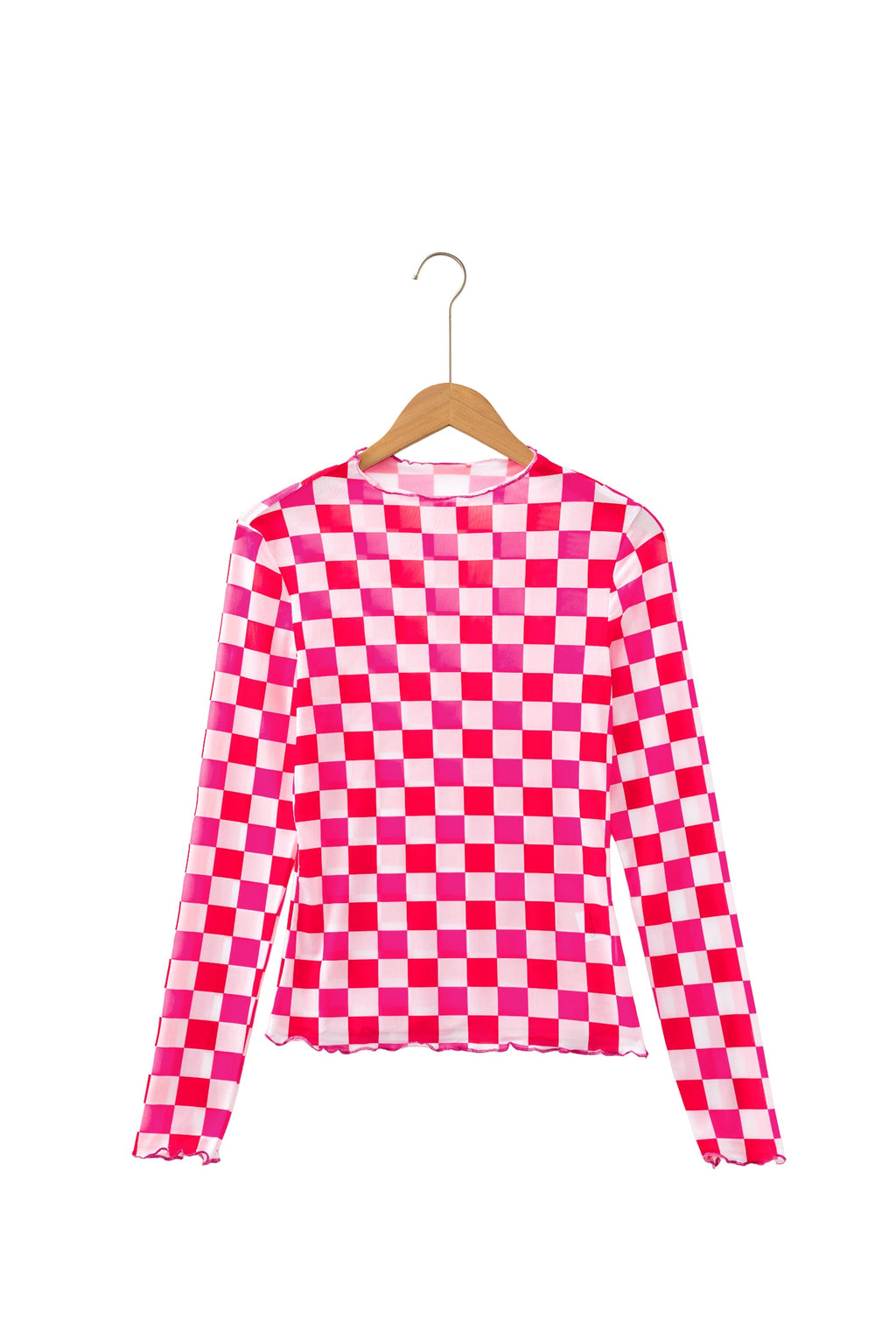 Checker Sheer Mesh Long Sleeve Blouse