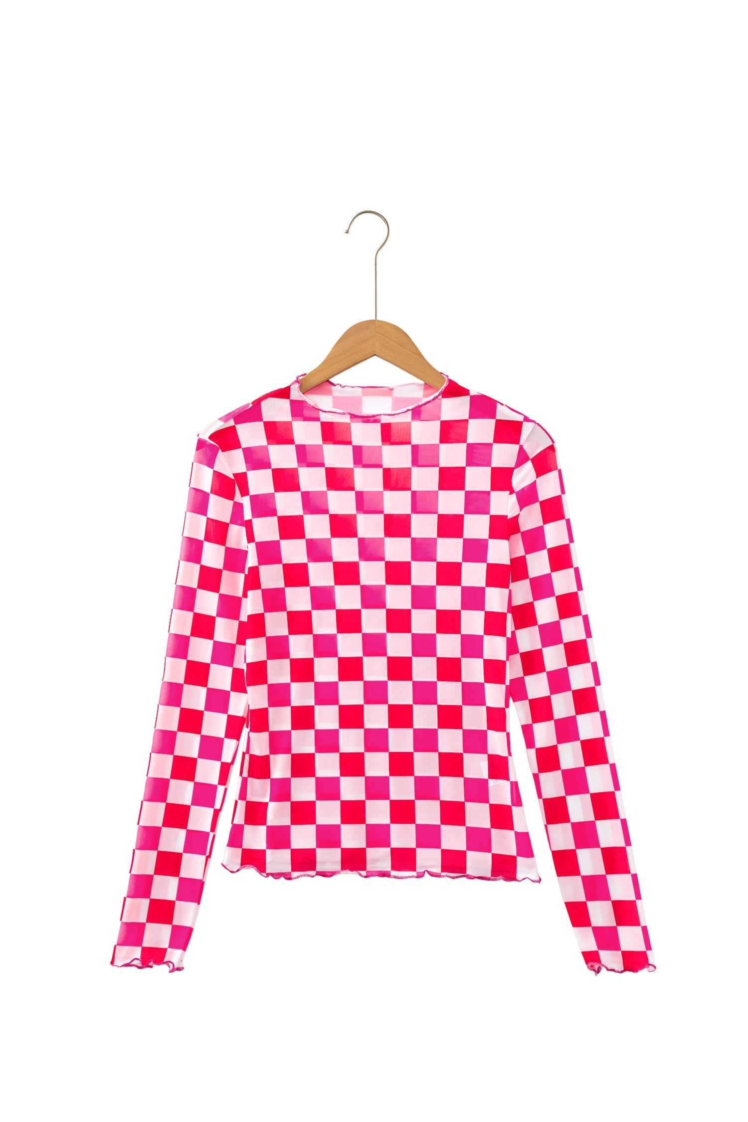 Checker Sheer Mesh Long Sleeve Blouse