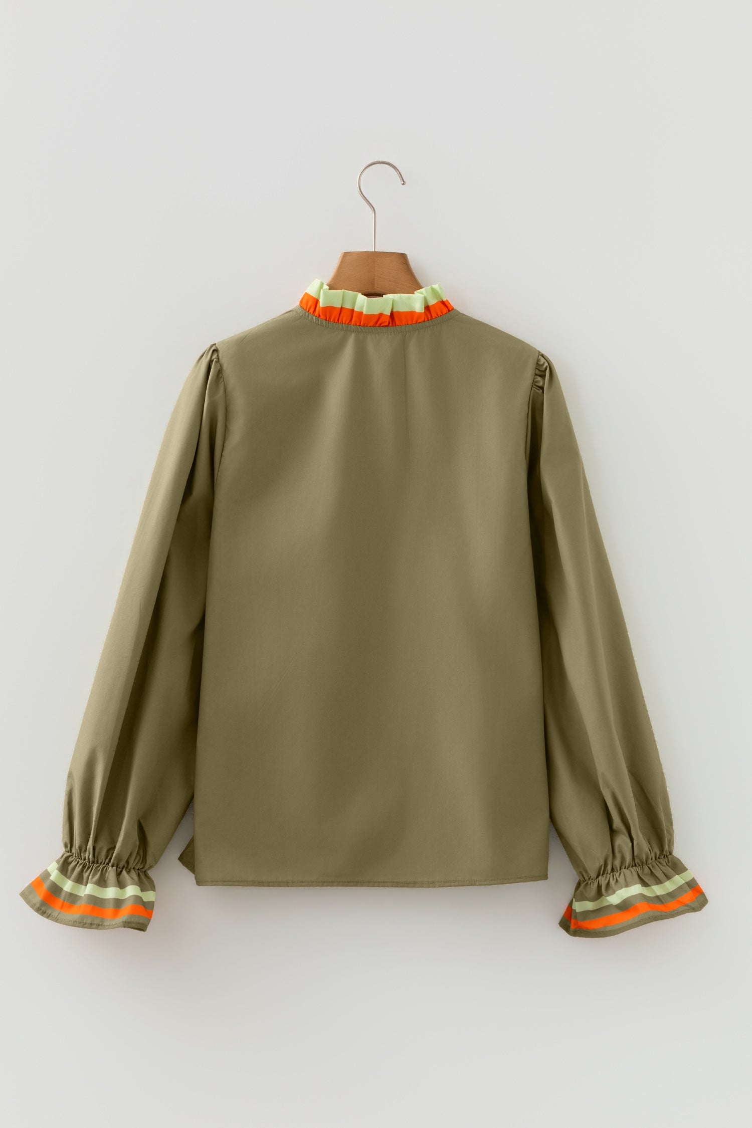 Stripe Trim Ruffle Split Neck Long Sleeve Blouse