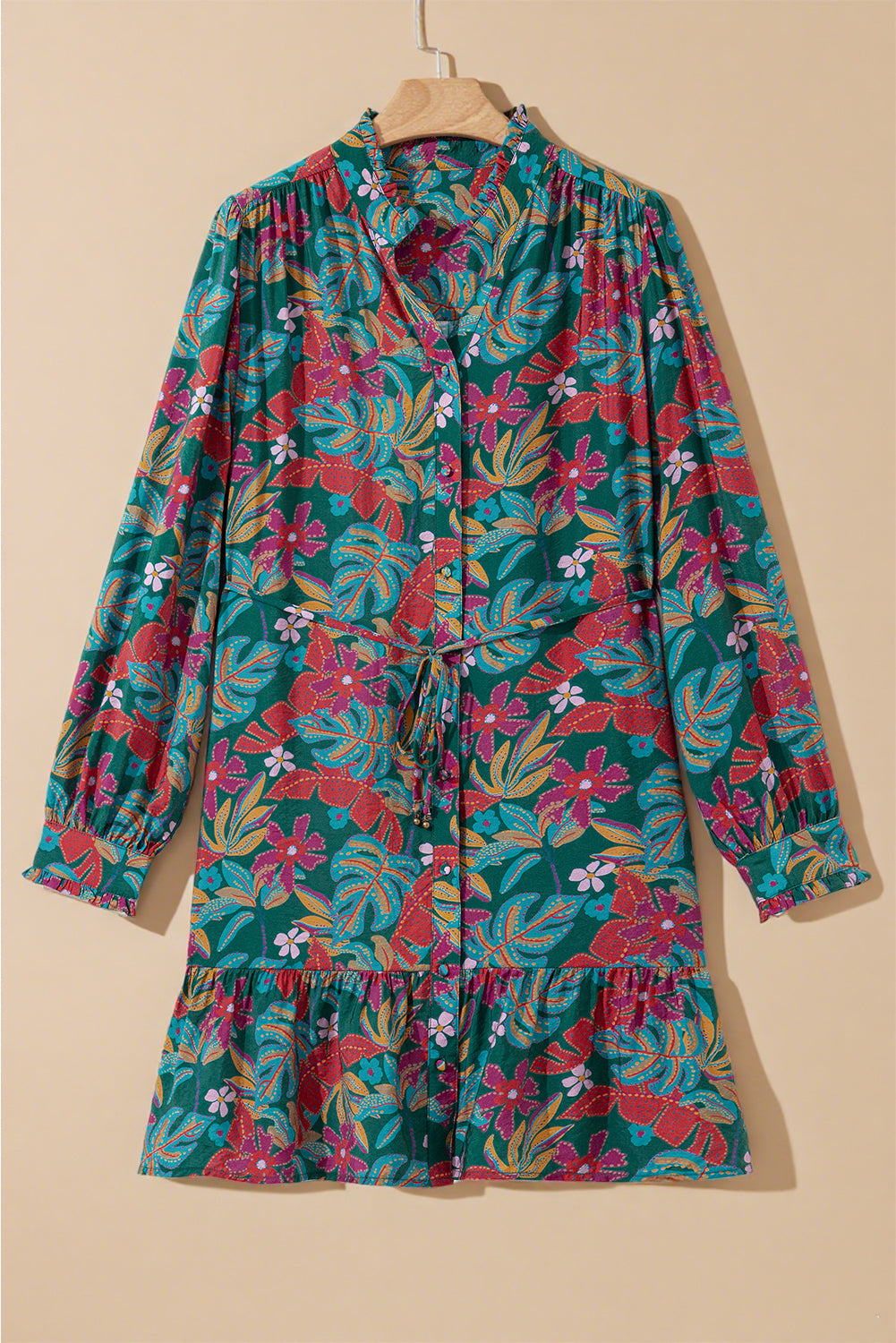 Floral Frilled V-Neck Puff Sleeve Ruffle Shirt Dress