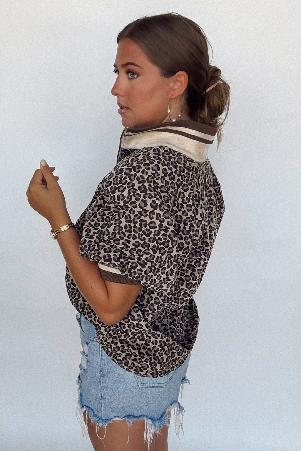Leopard Half Zip Stripe Trim Short Sleeve Top