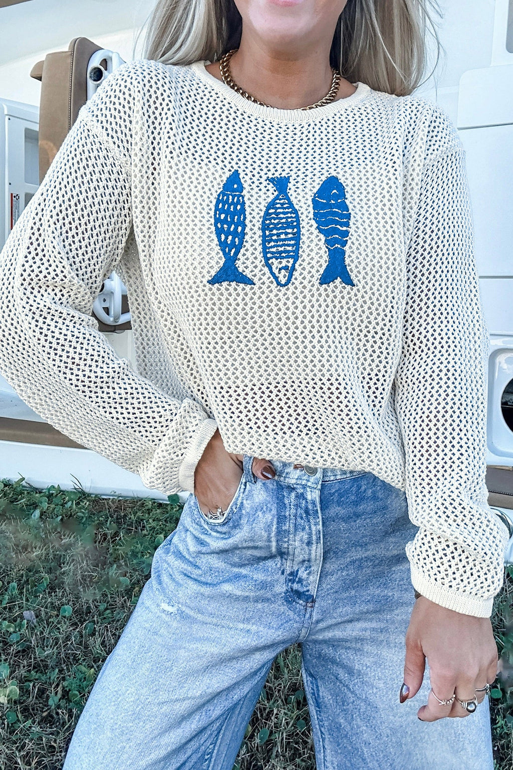 Fish Embroidered Crew Neck Crochet Knit Sweater