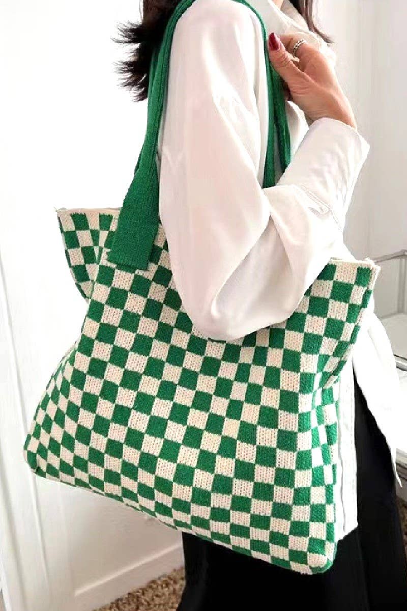 ",..Checkered Crochet Knitted Canvas Bag: BLACK-171216 / OS
