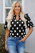 Polka Dot Shirred Notched Neck Balloon Sleeve Blouse
