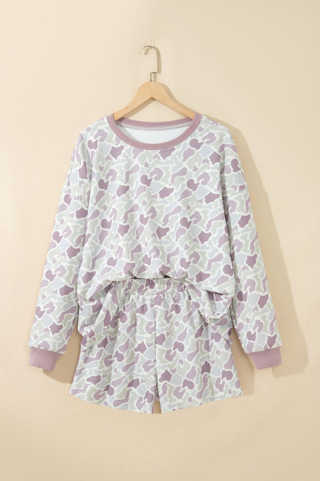 Camo Waffle Knit Long Sleeve Top & Shorts Set