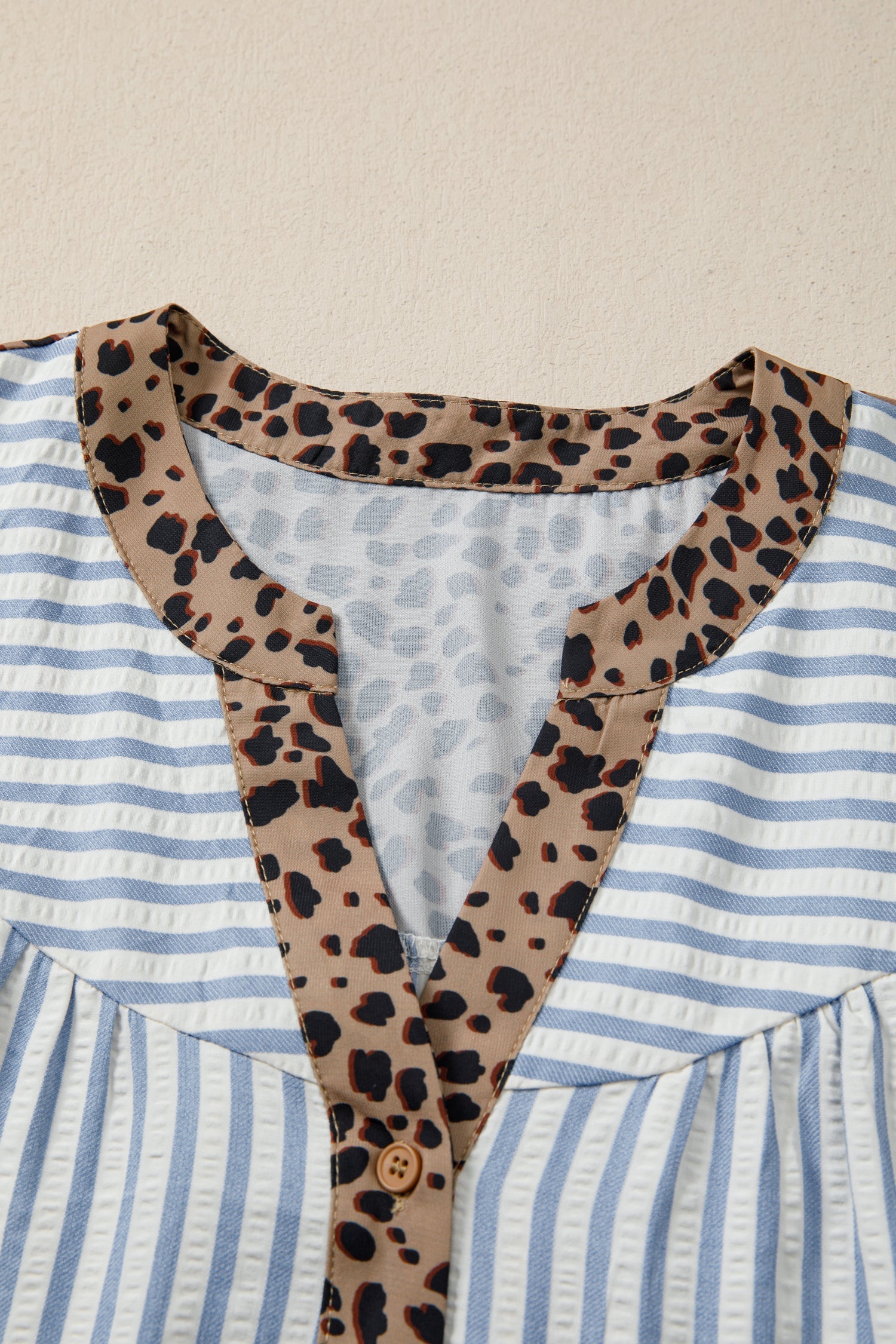 Stripe Leopard Trim V-Neck Buttoned Short Sleeve Shirt