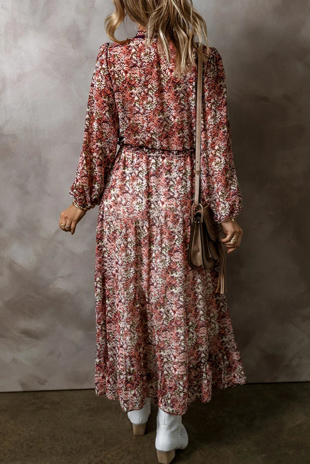 Floral Frilled V-Neck Split Front Tiered Midi Dress