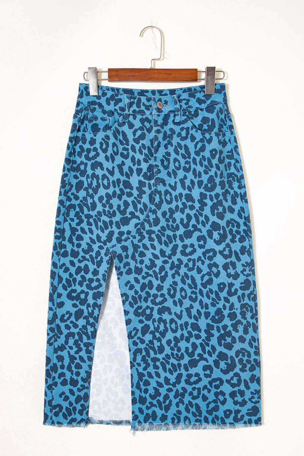 Leopard Denim Frayed Hem Midi Skirt