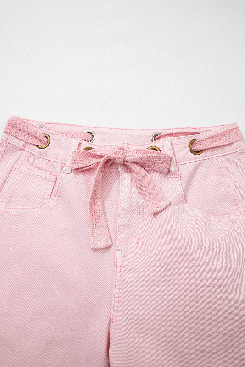 Solid Denim Grommet Tie Waist Barrel Leg Jeans