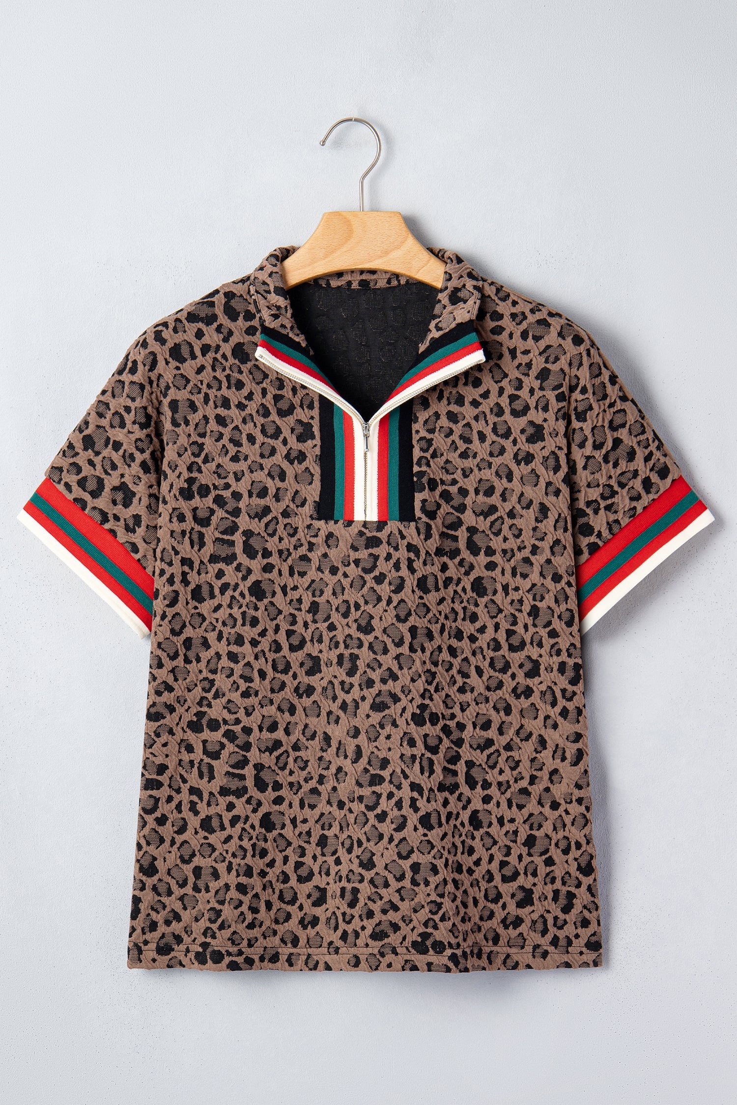 Leopard Stripe Patchwork Half Zip Collared Blouse